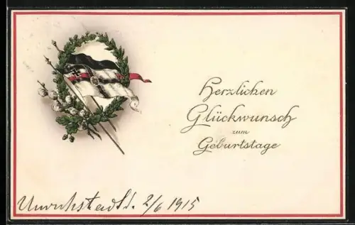 AK Fahnen im Kranz mit Kätzchenzweig, Geburtstagsgruss