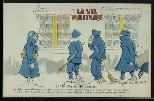 AK Soldaten in Uniform mit Besen im Winter