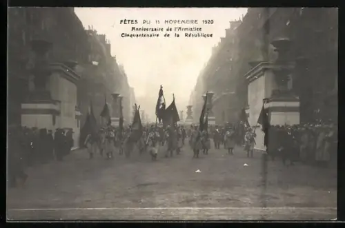 AK Anniversaire de l`Armistice, Cinquantenaire de la République, Siegesparade / Fêtes de la Victoire 1920