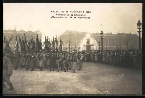 AK Anniversaire de l`Armistice, Cinquantenaire de la République, Siegesparade / Fêtes de la Victoire 1920