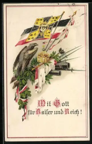 AK Mit Gott für Kaiser und Reich!, Adler mit Krone und Fahnen