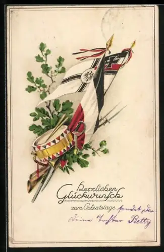 AK Trommel mit Eichenzweigen und Fahnen, Geburtstagsgruss