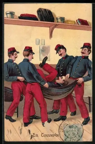 AK Soldaten tragen Kameraden auf der Decke