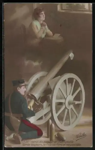 AK Soldat der Artillerie mit Kanone, Frau betet am Tisch