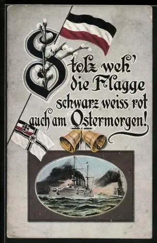 AK Schiffe auf hoher See, Flaggen mit Kätzchenzweigen, Passepartout