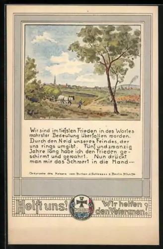 Künstler-AK Berlin, Wir sind im tiefsten Frieden..., Ansprache des Kaisers vom Balkon des Schlosses 1914, Eisernes Kreuz