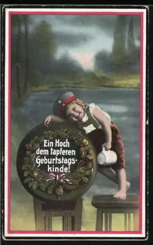 AK Kleines Kind mit Bierkrug am Fass
