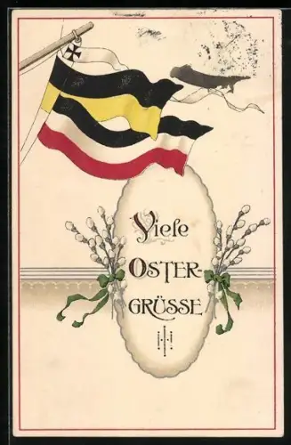 AK Ostergrüsse mit Blumen und Fahnen, Zweibund