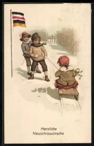 AK Kinder mit einem Schlitten im Winter, Zweibund, Neujahrsgruss