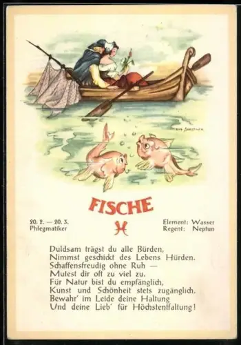 AK Sternzeichen Fische, Phlegmatiker, Element Wasser, Regent Neptun, Duldsam trägst du alle Bürden, nimmst...