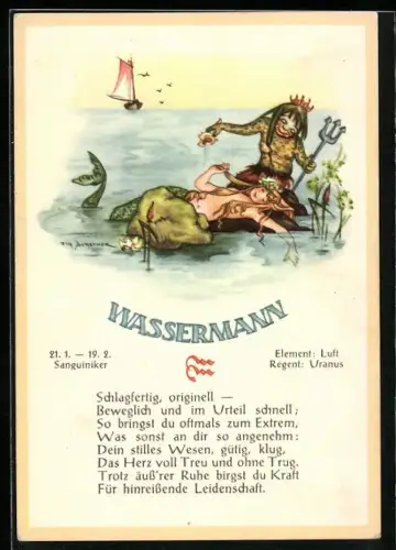 AK Sternzeichen Wassermann, Sanguiniker, Element Luft, Regent Uranus, Schlagfertig, originell, beweglich und im Urteil..