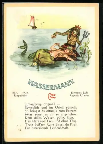 AK Sternzeichen Wassermann, Sanguiniker, Element Luft, Regent Uranus, Schlagfertig, originell, beweglich und im Urteil..