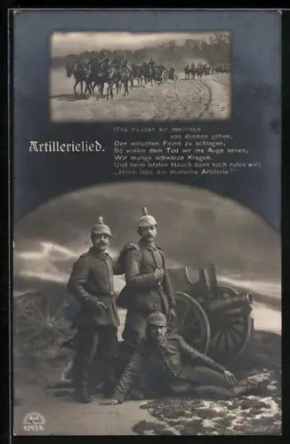 Foto-AK Artillerielied, Artilleristen mit Geschütz in Feuerstellung, Artillerie auf dem Vormarsch
