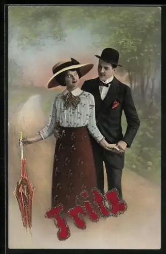 AK Eleganter Herr und junge Dame mit Schirm