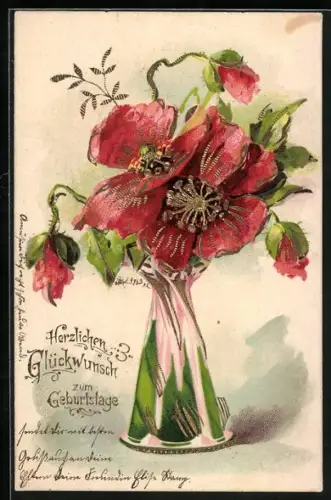 Präge-AK Mohnblumen in einer Vase, Geburtstagsgruss