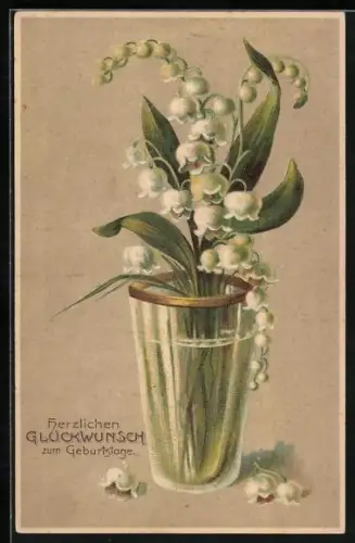 Präge-AK Maiglöckchen in einer Vase, Geburtstagsgruss