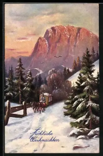 AK Postkutsche in den Bergen im Winter, Weihnachtsgruss