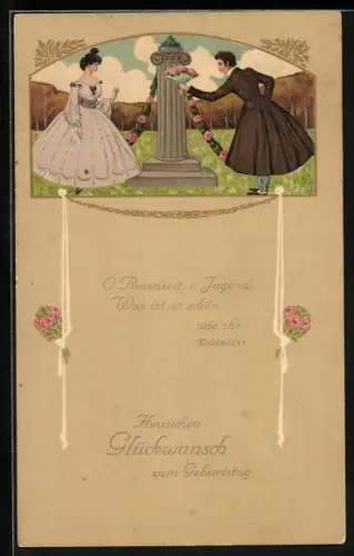 AK Eleganter Herr mit Rosen für Dame im Biedermeierstil, Geburtstagsgruss
