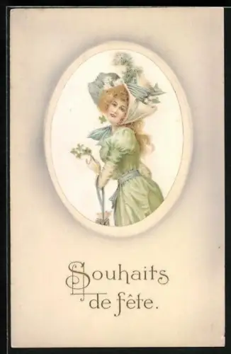 Präge-AK Fräulein im hellgrünen Kleid im Biedermeierstil, Geburtstagsgruss