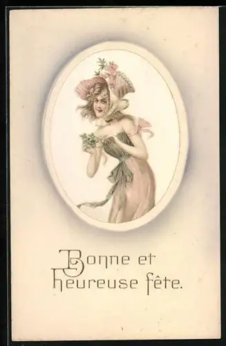 Präge-AK Fräulein mit Kleeblättern im Biedermeierstil, Geburtstagsgruss