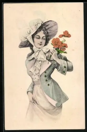 AK Elegante Dame mit Mohnblumen im Biedermeierstil