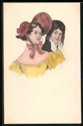 AK Eleganter Herr und Dame im gelben Kleid, Biedermeier