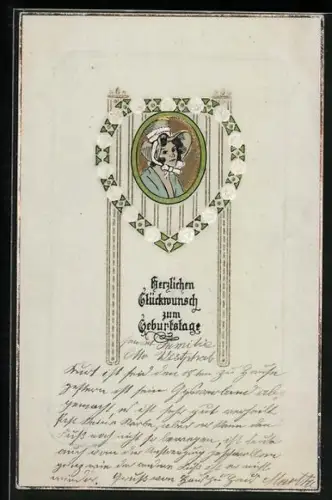Präge-AK Elegante Frau im Biedermeierstil, Geburtstagsgruss