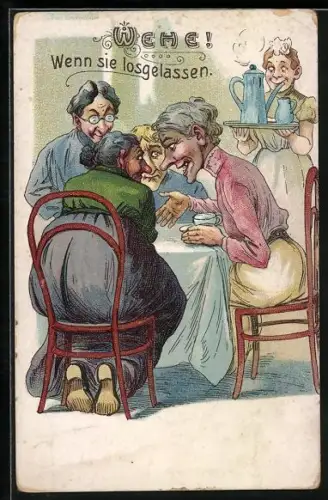 AK Klatschweiber unterhalten sich am Tisch, frauenfeindlicher Humor