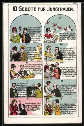AK Zehn Gebote für Jungfrauen, I. Sei nett, nicht kokett gegen den Partner der Schöpfung..., frauenfeindlicher Humor