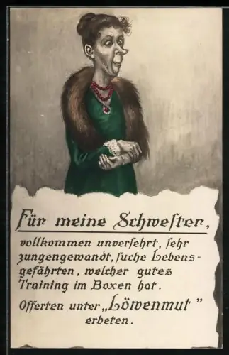 AK Für meine Schwester, vollkommen unversehrt, sehr zungengewandt..., frauenfeindlicher Humor