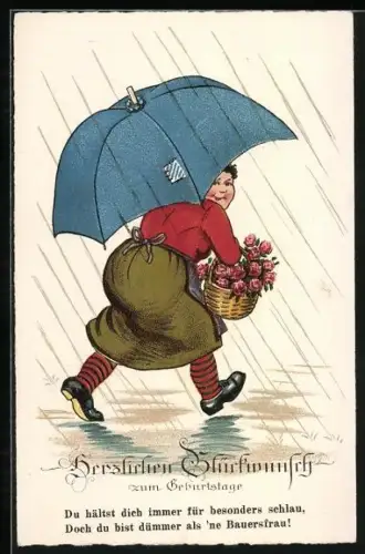 AK Frau mit Blumenkorb unterm Regenschirm, Geburtstagsgruss, frauenfeindlicher Humor