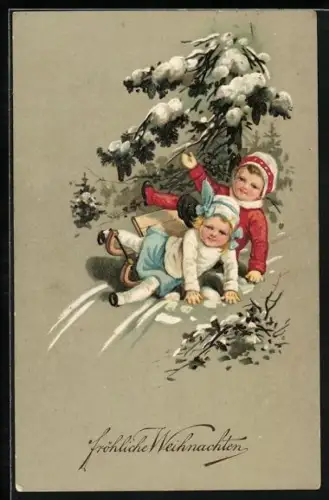 Präge-AK Kinderpaar ist auf Schlitten umgekippt, Weihnachtsgruss