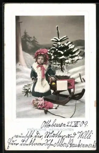 AK Mädchen mit Schlitten und Puppe im Winter, Weihnachtsgruss