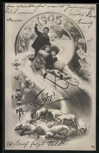 AK Drei Kinder mit Schlitten und Ferkeln, Neujahrsgruss 1905
