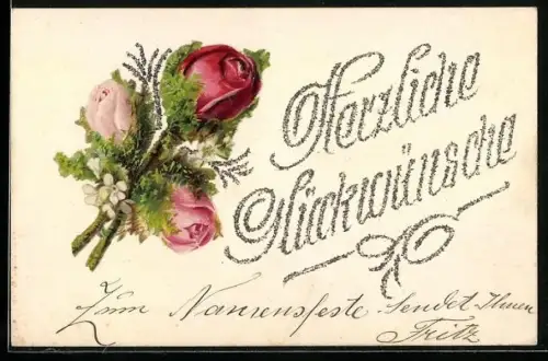 Glitzer-Perl-AK Drei blühende Rosen, Herzliche Glückwünsche