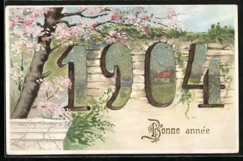 Glitzer-Perl-AK Baum in voller Blüte mit der Jahreszahl 1904, Bonne année