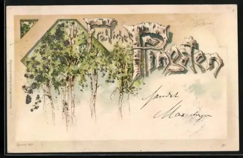 Glitzer-Perl-AK Birken mit Glitzer-Perlen, Frohe Pfingsten aus Birkenrinde
