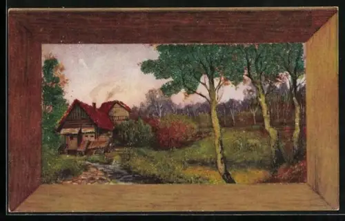 Glitzer-Perl-AK Idyllische Landschaft mit Glitzer-Perlen