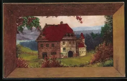 Glitzer-Perl-AK Wohnhaus mit Bergpanorama umgeben von Bäumen