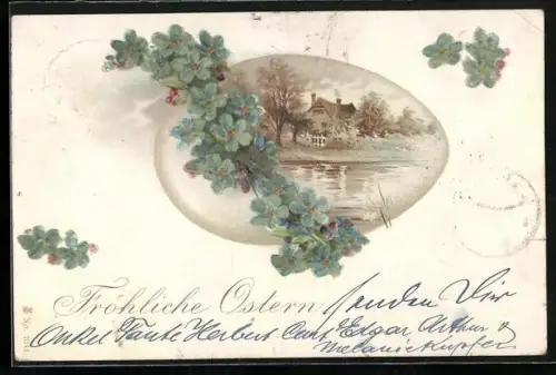 Glitzer-Perl-AK Flusslandschaft in Eier-Passepartout mit Vergissmeinnicht mit Glitzer-Perlen