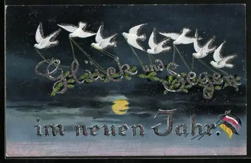 Glitzer-Perl-AK Weisse Tauben tragen einen Schriftzug, Glück und Segen im neuen Jahr