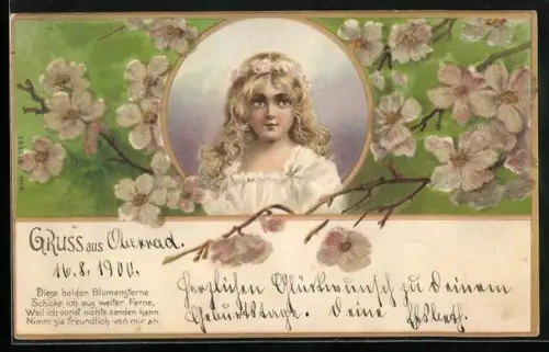 Glitzer-Perl-AK Mädchen mit Blumenkranz im Haar umgeben von Blumen mit Perlen