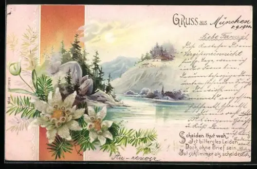 Glitzer-Perl-AK Idyllische Flusslandschaft mit Edelweiss