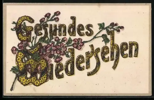 Glitzer-Perl-AK Schriftzug Gesundes Wiedersehen mit Blumen