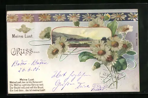 Glitzer-Perl-AK Flussidyll mit Margeriten mit Perlen, Gedicht Meine Lust