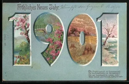 Glitzer-Perl-AK Jahreszeit-Ansichten in der Jahreszahl 1901 mit Glitzer-Perlen