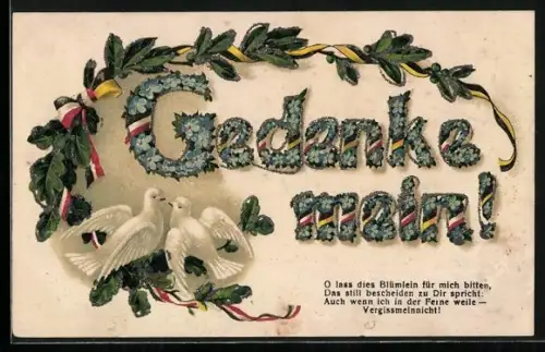 Glitzer-Perl-AK Gedenke mein, Zwei Tauben und deutsch-österreichische Schleifen