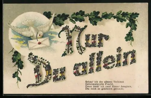 Glitzer-Perl-AK Schriftzug Nur Du allein aus Blumen und Zweibund-Fahnen