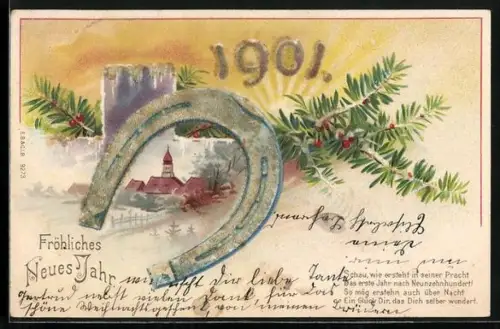 Glitzer-Perl-AK Jahreszahl 1901 mit Hufeisen und Tannenzweig, Fröhliches Neues Jahr