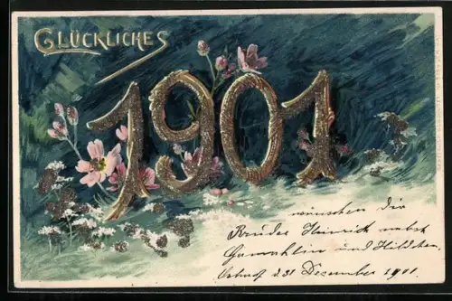 Glitzer-Perl-AK Jahreszahl 1901 mit Glitzer-Perlen, Glückliches 1901